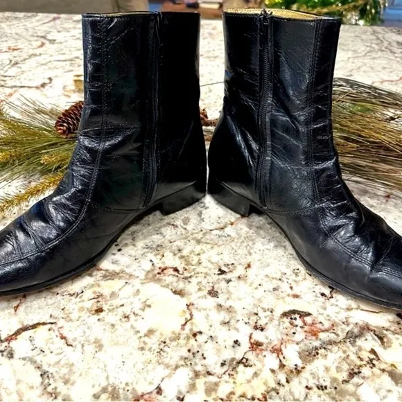 𝅺Black Leather men’s boots low heel zip Mid Calf Size 8 moto goth