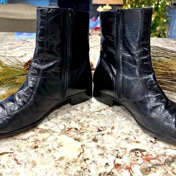 𝅺Black Leather men’s boots low heel zip Mid Calf Size 8 moto goth