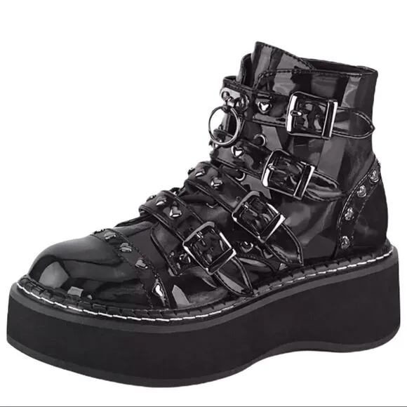 Black Patent Tainted Love Platform Moto Combat Boots NEW