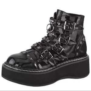 Black Patent Tainted Love Platform Moto Combat Boots NEW