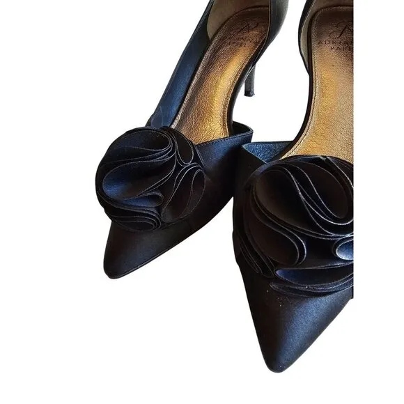 Black Satin Peep Toe Heels With Rosette Detail 3.5&quot; Stiletto Heel Size 8 By Adri