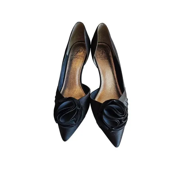 Black Satin Peep Toe Heels With Rosette Detail 3.5&quot; Stiletto Heel Size 8 By Adri