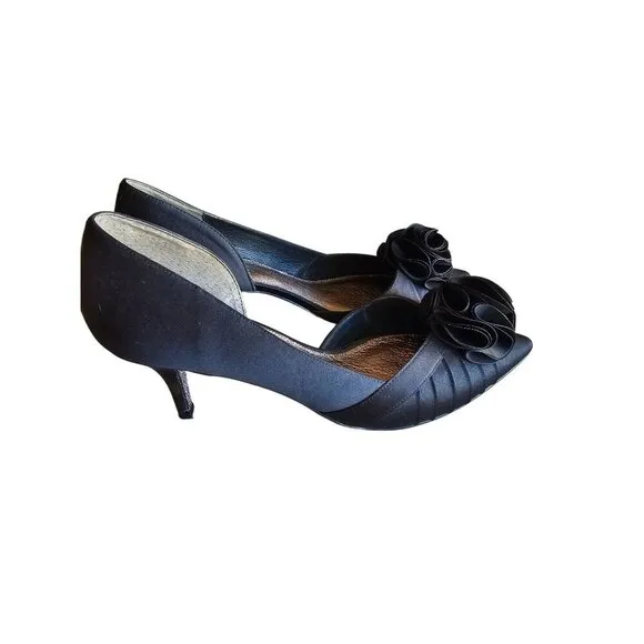 Black Satin Peep Toe Heels With Rosette Detail 3.5&quot; Stiletto Heel Size 8 By Adri