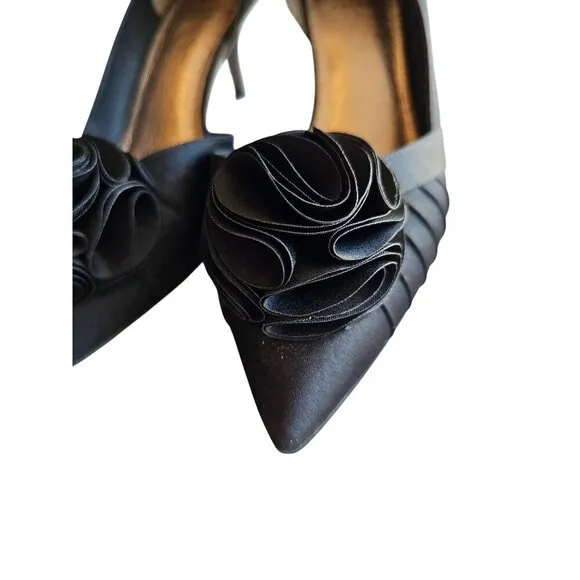 Black Satin Peep Toe Heels With Rosette Detail 3.5&quot; Stiletto Heel Size 8 By Adri