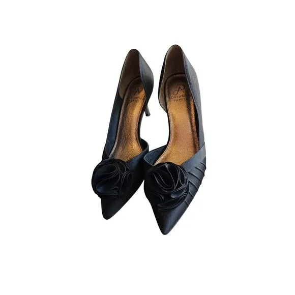 Black Satin Peep Toe Heels With Rosette Detail 3.5&quot; Stiletto Heel Size 8 By Adri