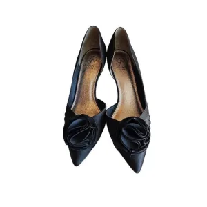 Black Satin Peep Toe Heels With Rosette Detail 3.5&quot; Stiletto Heel Size 8 By Adri