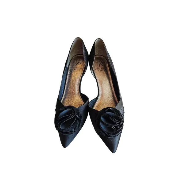 Black Satin Peep Toe Heels With Rosette Detail 3.5&quot; Stiletto Heel Size 8 By Adri