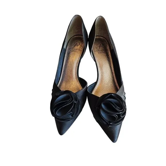 Black Satin Peep Toe Heels With Rosette Detail 3.5&quot; Stiletto Heel Size 8 By Adri