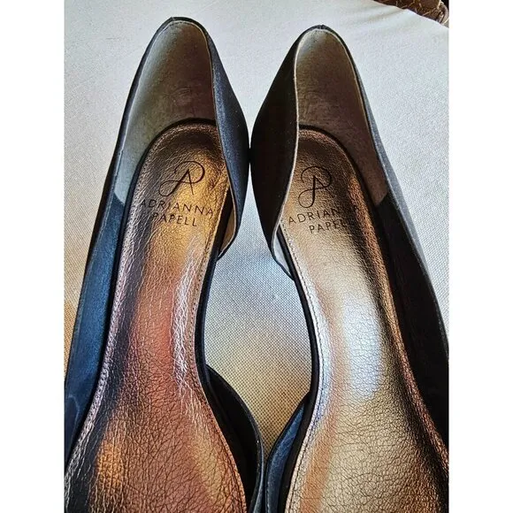 Black Satin Peep Toe Heels With Rosette Detail 3.5&quot; Stiletto Heel Size 8 By Adri