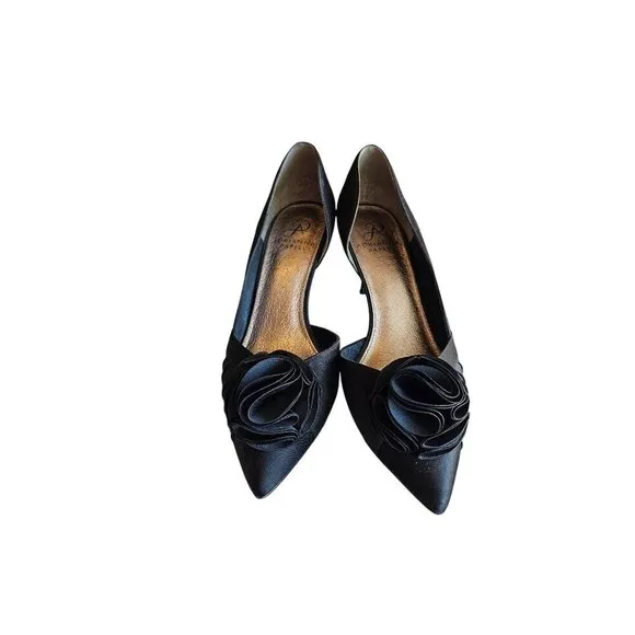 Black Satin Peep Toe Heels With Rosette Detail 3.5&quot; Stiletto Heel Size 8 By Adri
