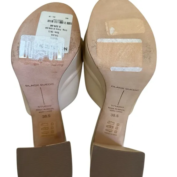 Black Suede Studio  Tyler Blush Nappa  Leather Tan Platform Mules Sandals. 38.5