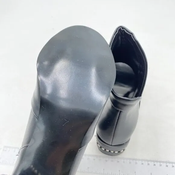 Black V Cut Chunky Heel Round Peep Toe Block Low Heel Studded Zipper Ankle Boots