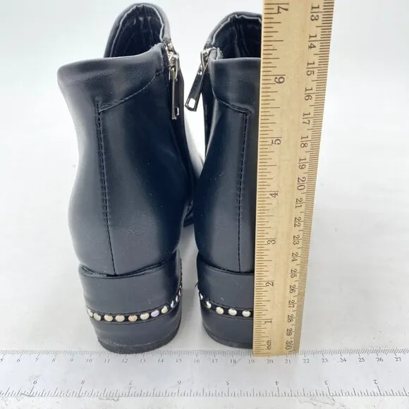 Black V Cut Chunky Heel Round Peep Toe Block Low Heel Studded Zipper Ankle Boots