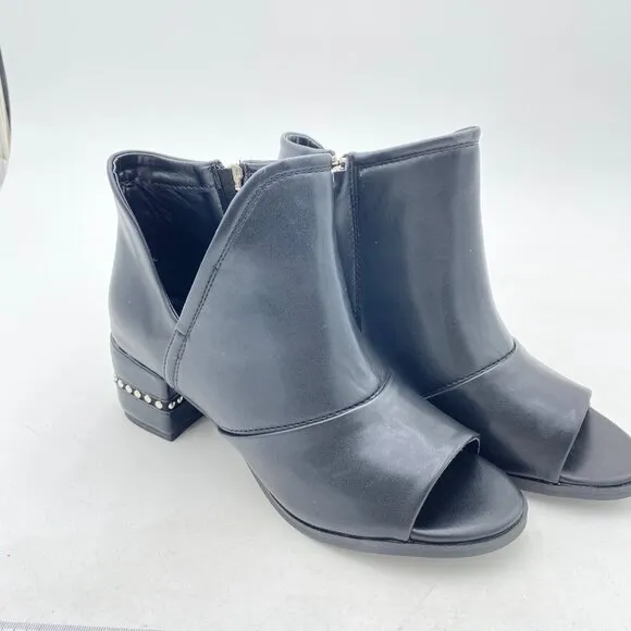 Black V Cut Chunky Heel Round Peep Toe Block Low Heel Studded Zipper Ankle Boots