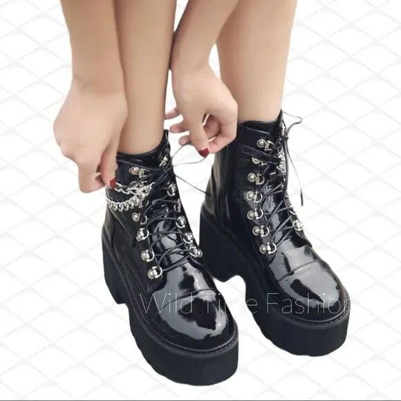 Black Patent Silver D-Rings Ankle Chain Platform Combat Boots NEW