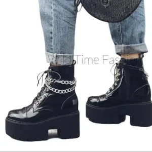 Black Patent Silver D-Rings Ankle Chain Platform Combat Boots NEW