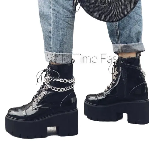 Black Patent Silver D-Rings Ankle Chain Platform Combat Boots NEW