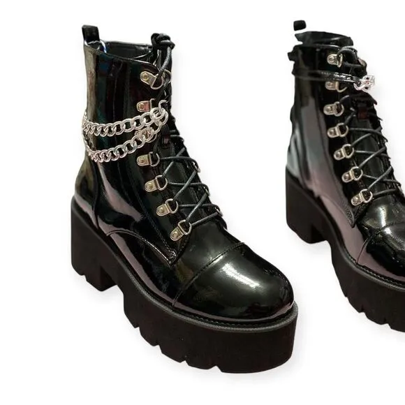 Black Patent Silver D-Rings Ankle Chain Platform Combat Boots NEW