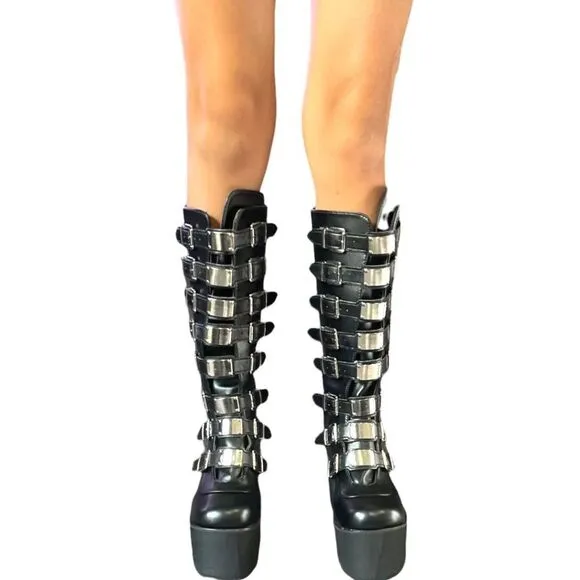 Black Wedge Knee Platform Boots - NEW