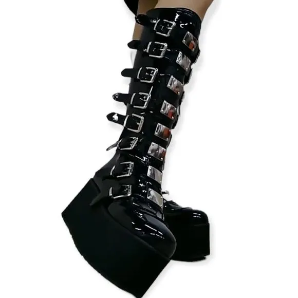 Black Wedge Knee Platform Boots - NEW