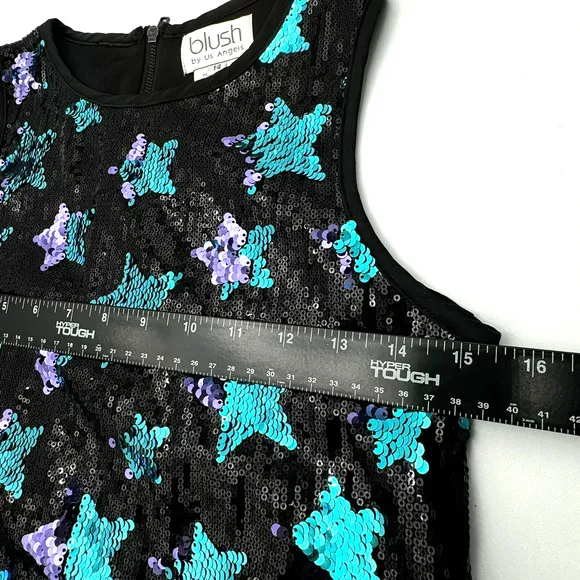 BLUSH BY US ANGELS Girls Dress Size 14 Black Blue Stars Full Sequins Shiny Party