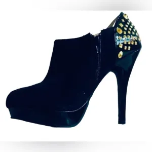 BONGO ~ Women’s black suede stiletto booties with gold embellishments size 8.5
