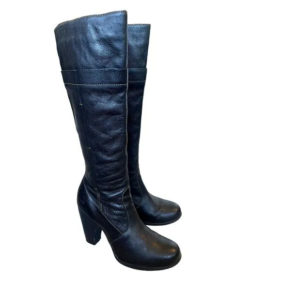 Born BOC Woman 8.5 Tall Leather Platform Riding Boots Round Toe Block Heel Black