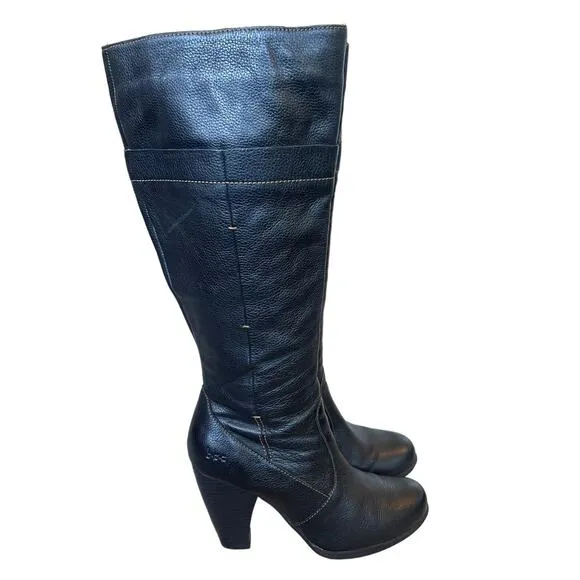 Born BOC Woman 8.5 Tall Leather Platform Riding Boots Round Toe Block Heel Black