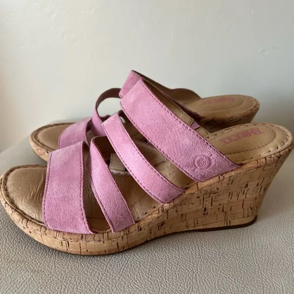 Born Zemora Pink Suede Strappy Cork Wedge Platform Sandals Women’s Size 7