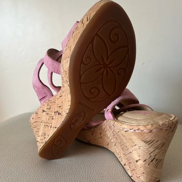 Born Zemora Pink Suede Strappy Cork Wedge Platform Sandals Women’s Size 7