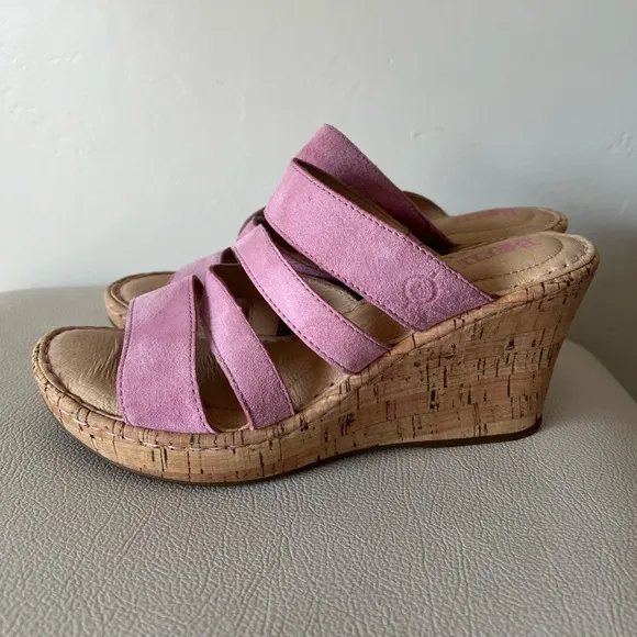 Born Zemora Pink Suede Strappy Cork Wedge Platform Sandals Women’s Size 7