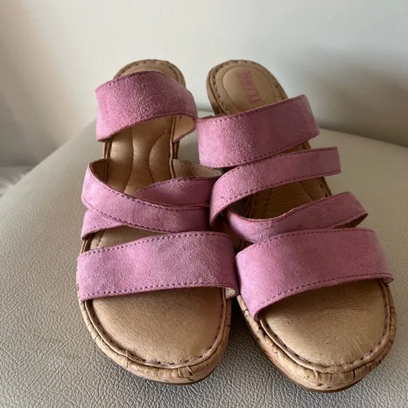 Born Zemora Pink Suede Strappy Cork Wedge Platform Sandals Women’s Size 7