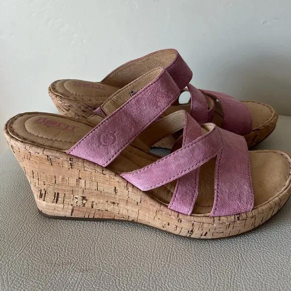 Born Zemora Pink Suede Strappy Cork Wedge Platform Sandals Women’s Size 7