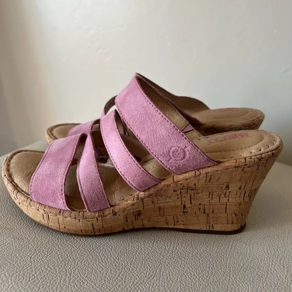 Born Zemora Pink Suede Strappy Cork Wedge Platform Sandals Women’s Size 7