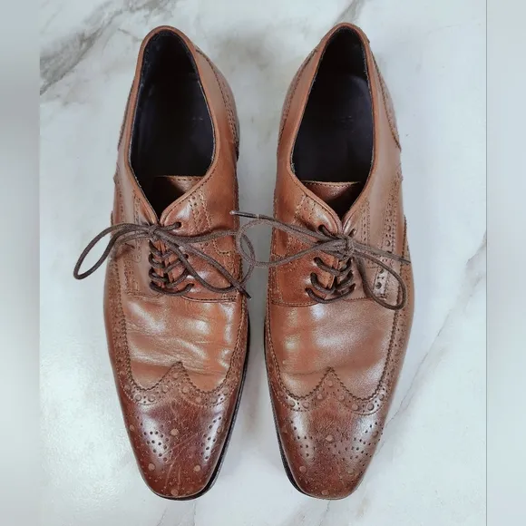 BOSS Hugo Boss Clasto Cognac Leather Wingtip Oxford Dress Shoes, Sz 8.5