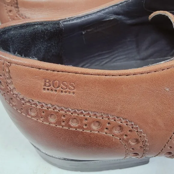 BOSS Hugo Boss Clasto Cognac Leather Wingtip Oxford Dress Shoes, Sz 8.5