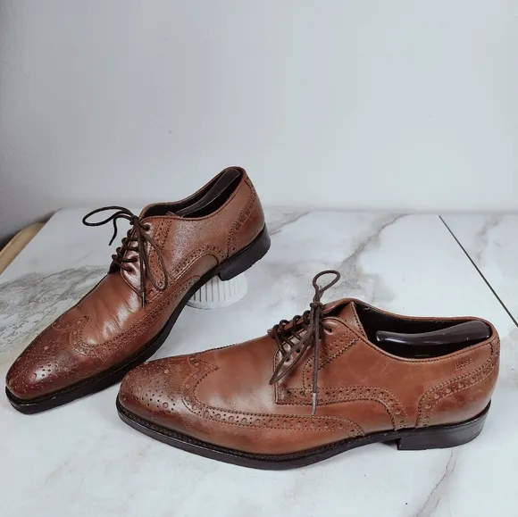 BOSS Hugo Boss Clasto Cognac Leather Wingtip Oxford Dress Shoes, Sz 8.5