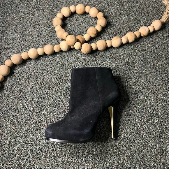 BOSTON PROPER Black Suede Platform Leather Stiletto Zip Up Booties Shoes Sz 7.5