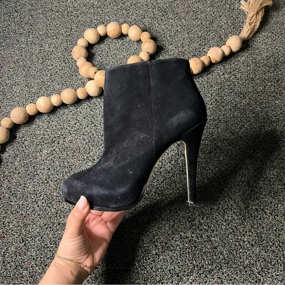 BOSTON PROPER Black Suede Platform Leather Stiletto Zip Up Booties Shoes Sz 7.5