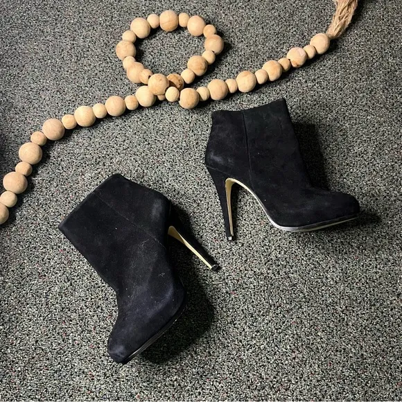BOSTON PROPER Black Suede Platform Leather Stiletto Zip Up Booties Shoes Sz 7.5