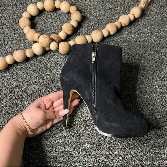 BOSTON PROPER Black Suede Platform Leather Stiletto Zip Up Booties Shoes Sz 7.5