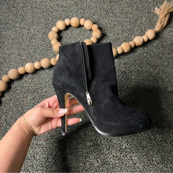 BOSTON PROPER Black Suede Platform Leather Stiletto Zip Up Booties Shoes Sz 7.5