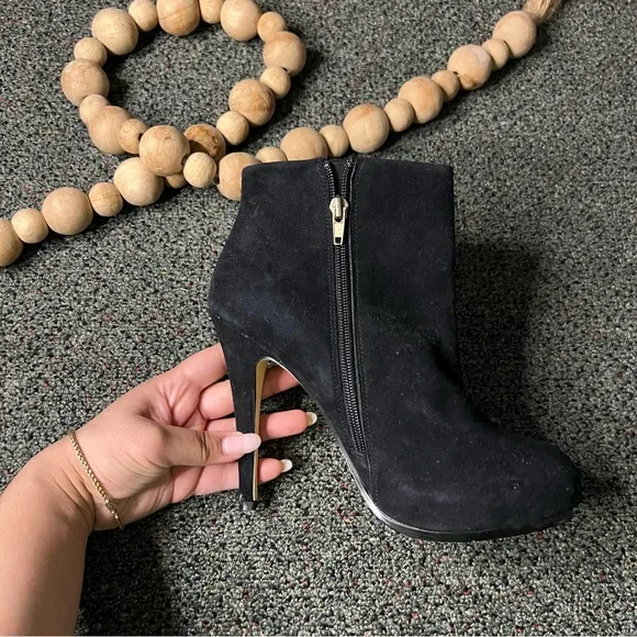 BOSTON PROPER Black Suede Platform Leather Stiletto Zip Up Booties Shoes Sz 7.5
