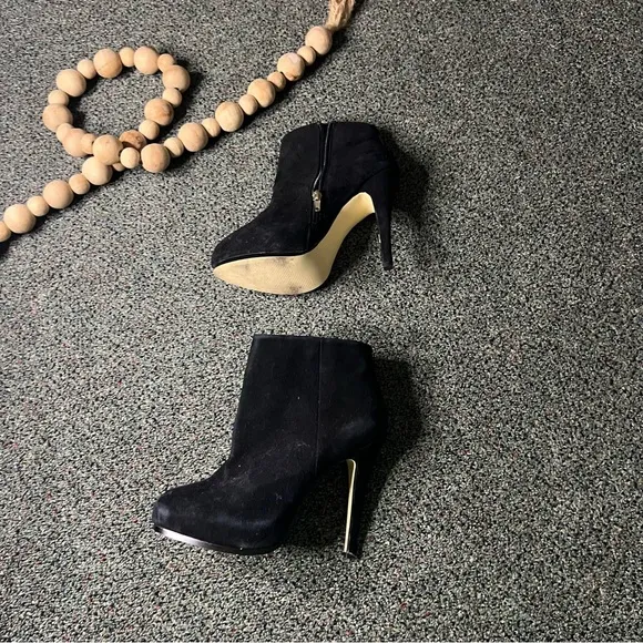 BOSTON PROPER Black Suede Platform Leather Stiletto Zip Up Booties Shoes Sz 7.5