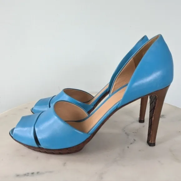 Bottega Veneta Blue Leather Peep Toe Heels