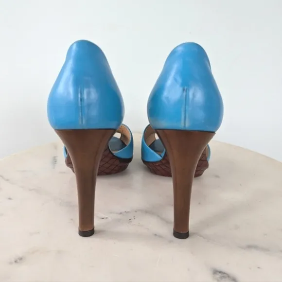 Bottega Veneta Blue Leather Peep Toe Heels