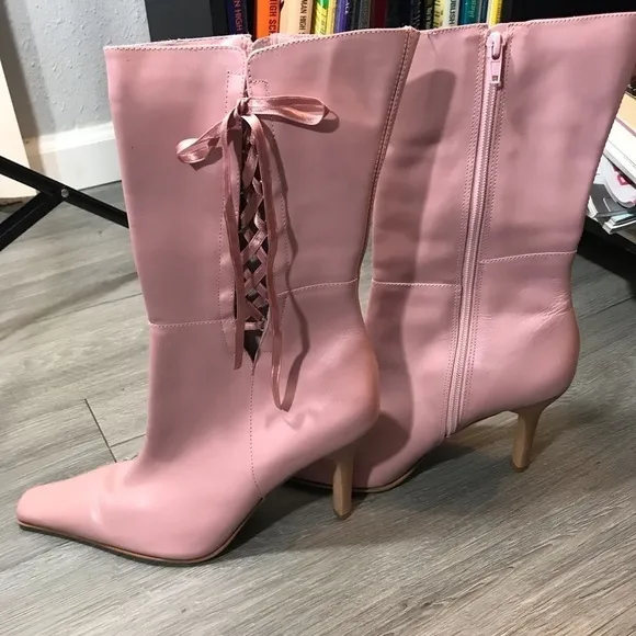 BP NEW Mauve Leather Square Toe Lace Up Heel Boots