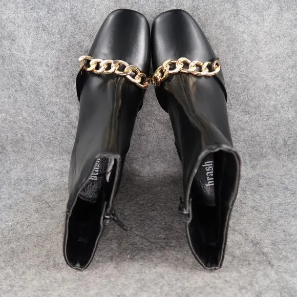 Brash Shoes Womens 9 Ankle Boots Block Heel Black Booties Chain Square Toe Zip