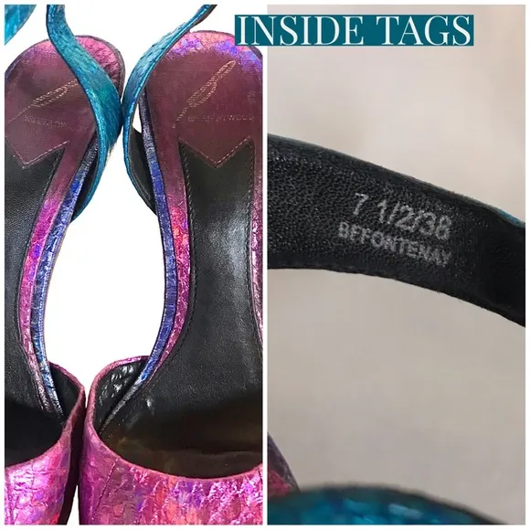 BRIAN ATWOOD &quot;FONTENAY&quot; MULTI-COLOR SNAKESKIN HOLOGRAM PLATFORM HEEL (7.5)
