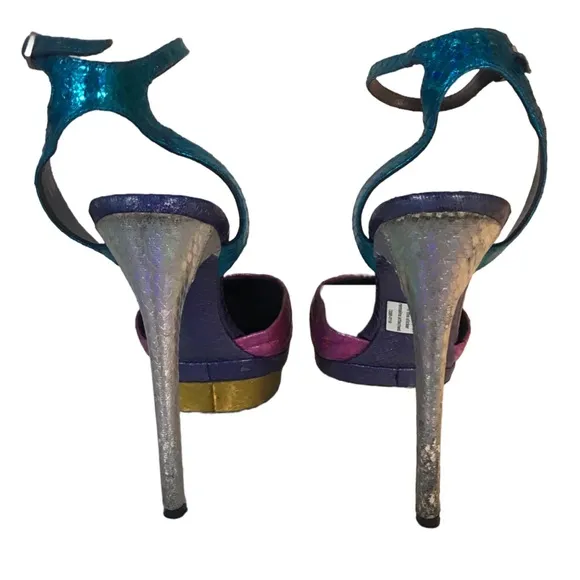 BRIAN ATWOOD &quot;FONTENAY&quot; MULTI-COLOR SNAKESKIN HOLOGRAM PLATFORM HEEL (7.5)